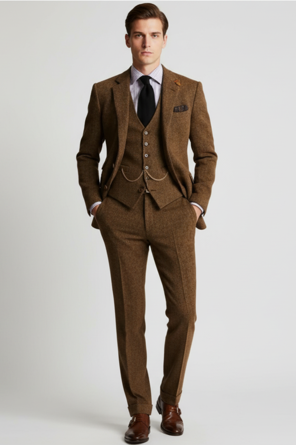 Men’s Vintage-Inspired Three-Piece Suit - Structured Slim Cut and Heritage Weave
