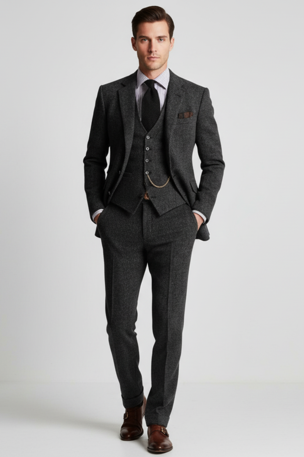 Men’s Vintage-Inspired Three-Piece Suit - Structured Slim Cut and Heritage Weave
