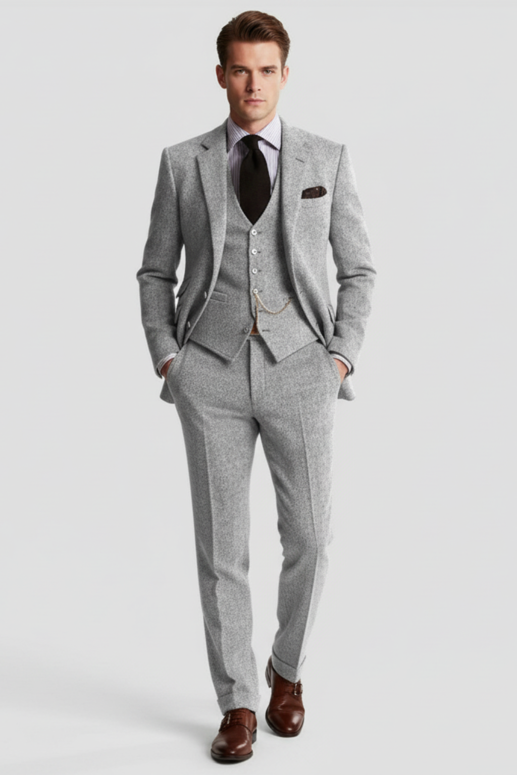 Men’s Vintage-Inspired Three-Piece Suit - Structured Slim Cut and Heritage Weave