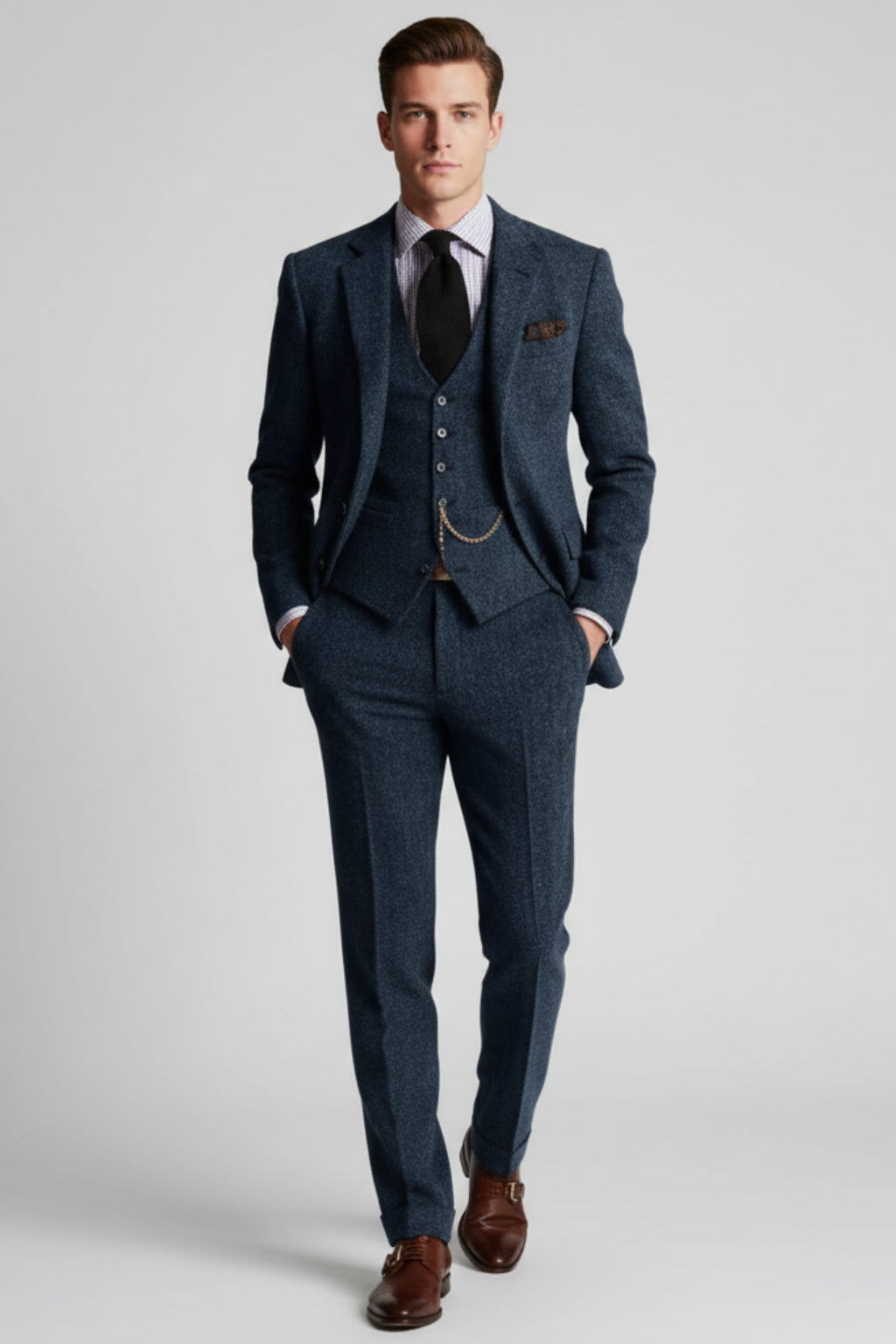 Men’s Vintage-Inspired Three-Piece Suit - Structured Slim Cut and Heritage Weave