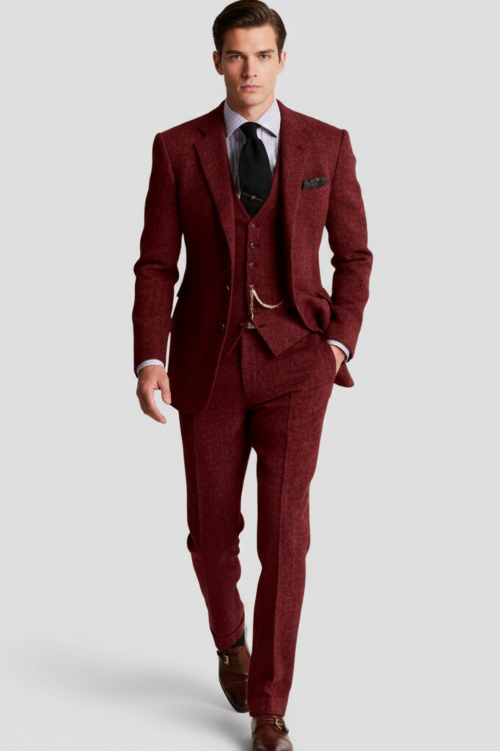 Men’s Vintage-Inspired Three-Piece Suit - Structured Slim Cut and Heritage Weave