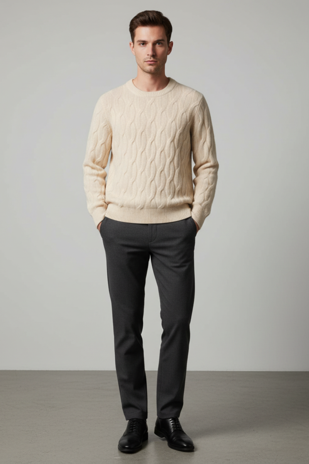 Men’s Wool Blend Cable Knit Sweater - Relaxed Fit Crew Neck Pullover