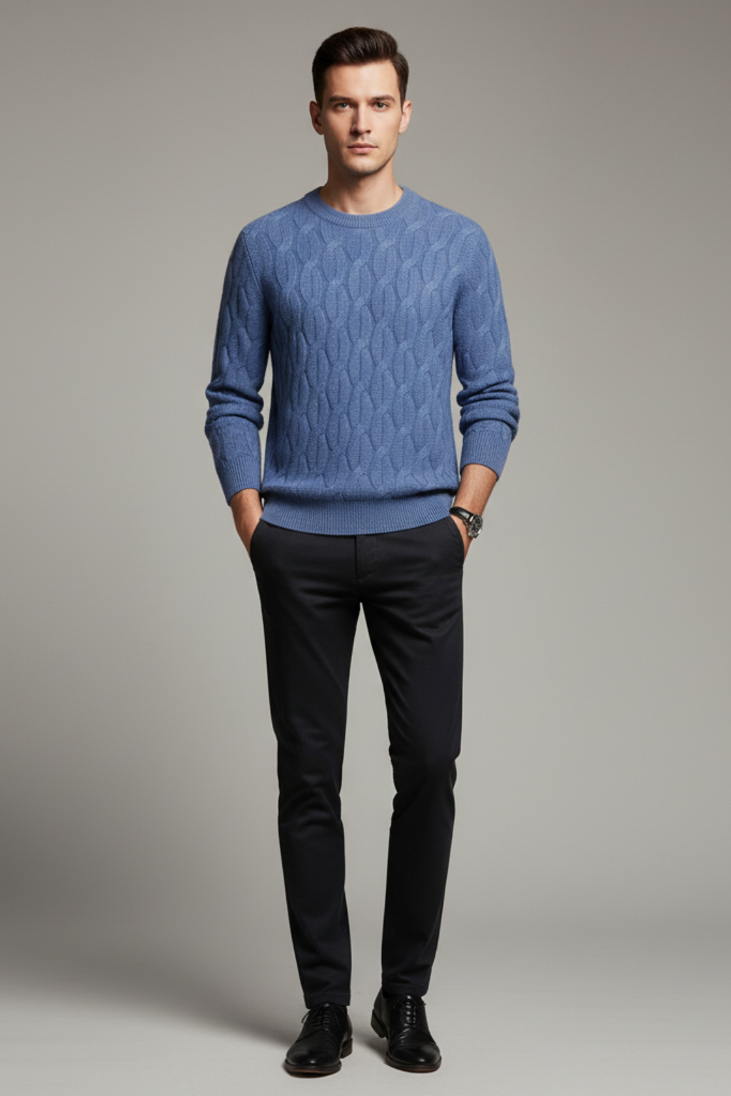 Men’s Wool Blend Cable Knit Sweater - Relaxed Fit Crew Neck Pullover