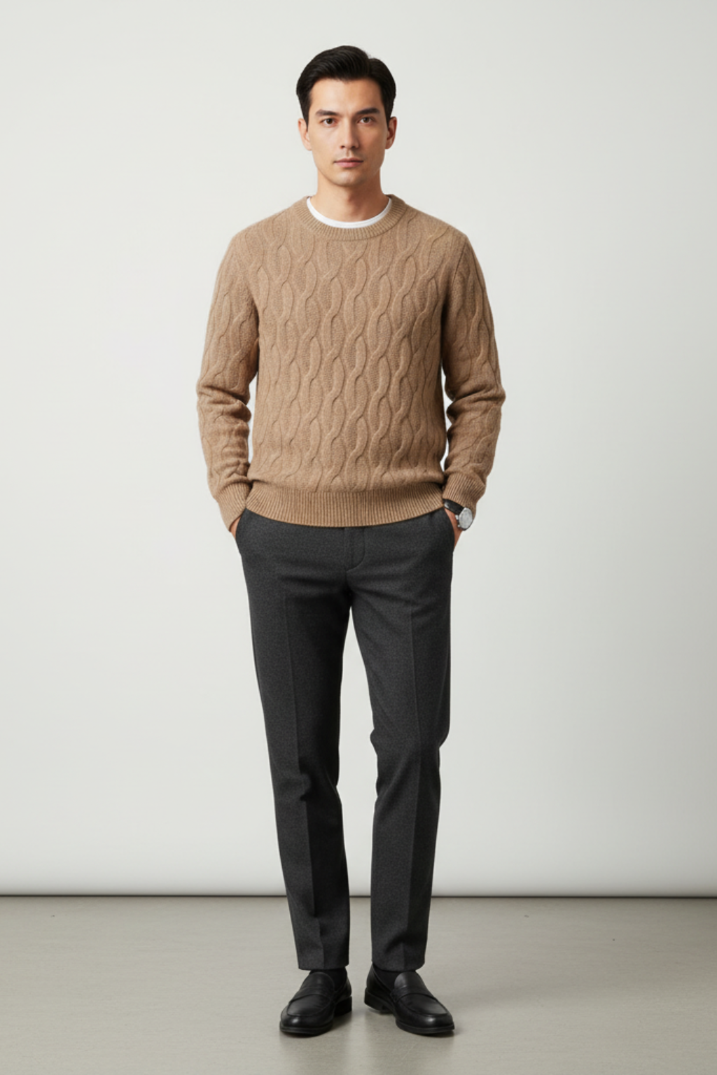 Men’s Wool Blend Cable Knit Sweater - Relaxed Fit Crew Neck Pullover
