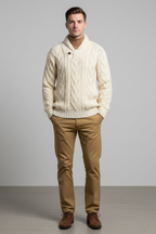 Men’s Wool Blend Cable Knit Sweater - Shawl Collar Regular Fit Pullover
