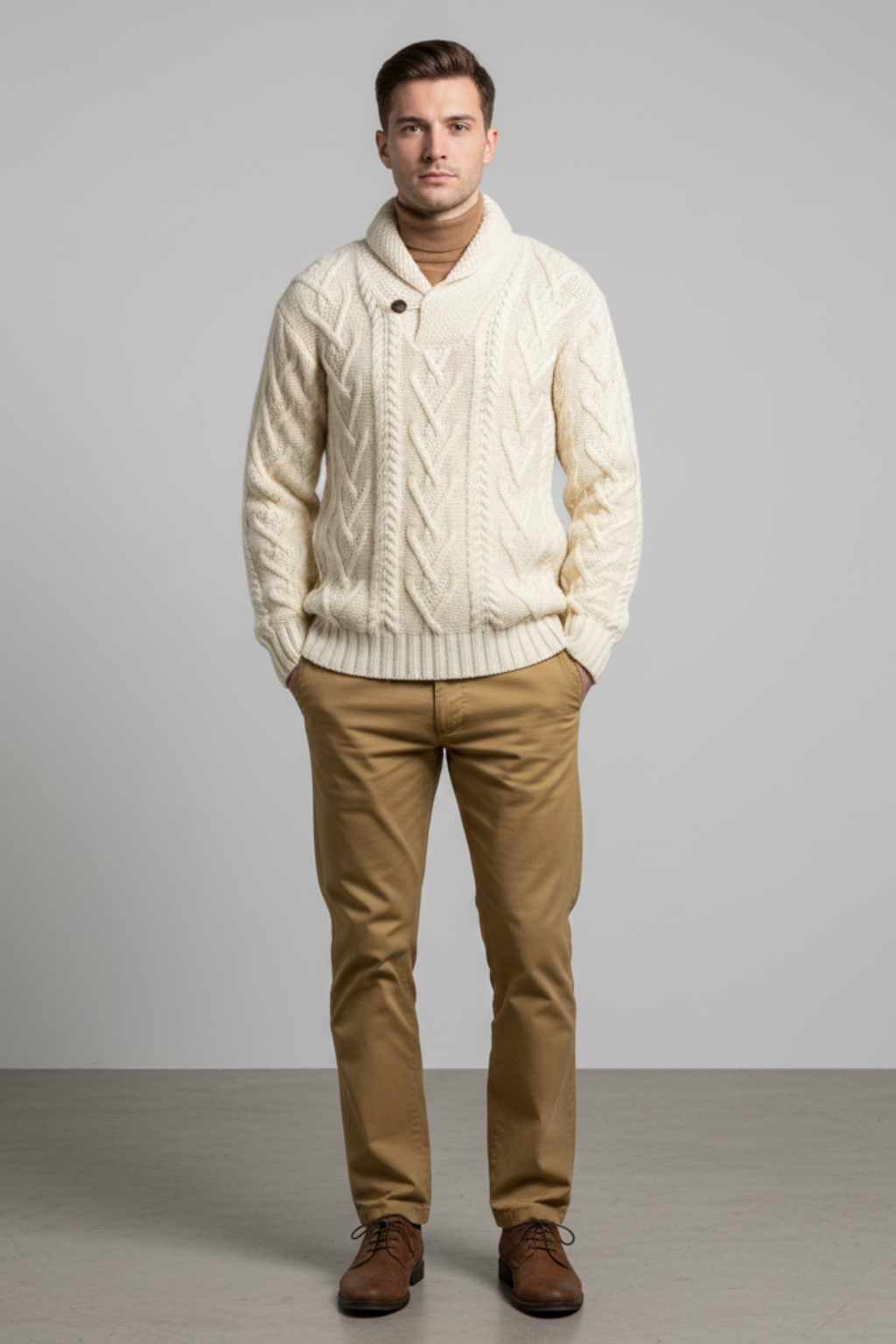Men’s Wool Blend Cable Knit Sweater - Shawl Collar Regular Fit Pullover