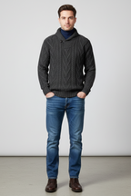 Men’s Wool Blend Cable Knit Sweater - Shawl Collar Regular Fit Pullover