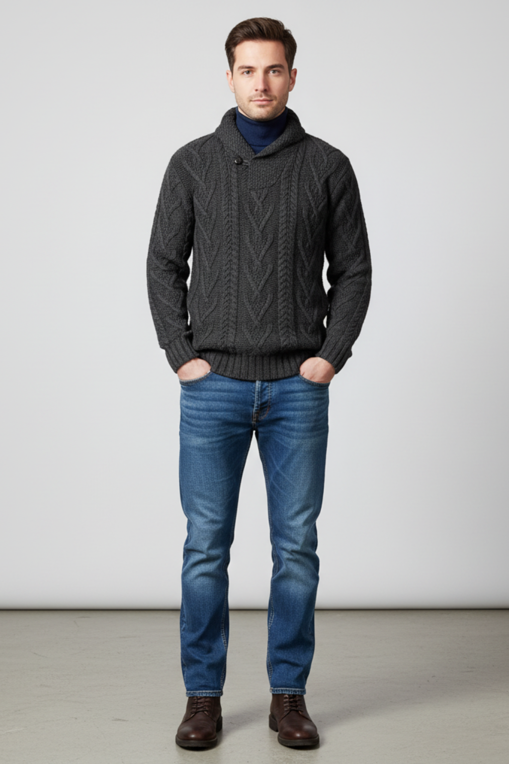 Men’s Wool Blend Cable Knit Sweater - Shawl Collar Regular Fit Pullover