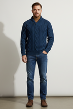 Men’s Wool Blend Cable Knit Sweater - Shawl Collar Regular Fit Pullover