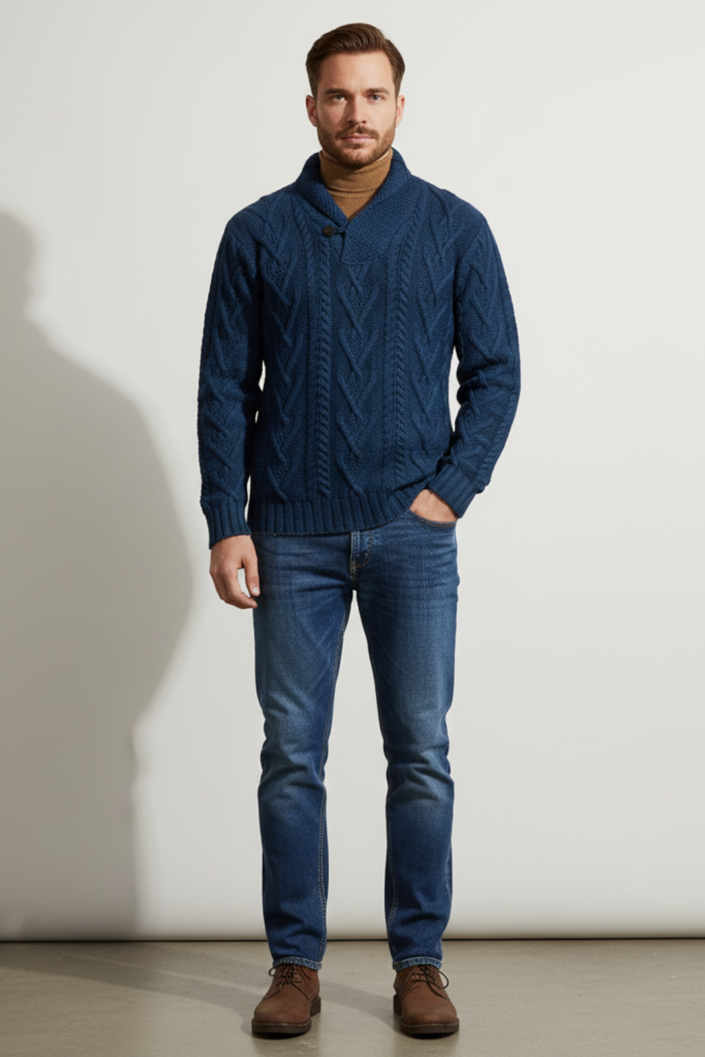 Men’s Wool Blend Cable Knit Sweater - Shawl Collar Regular Fit Pullover