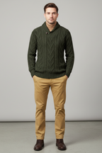 Men’s Wool Blend Cable Knit Sweater - Shawl Collar Regular Fit Pullover