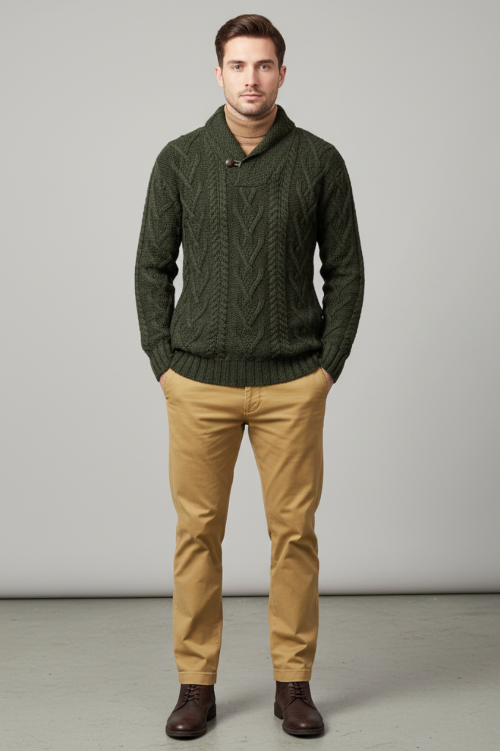 Men’s Wool Blend Cable Knit Sweater - Shawl Collar Regular Fit Pullover