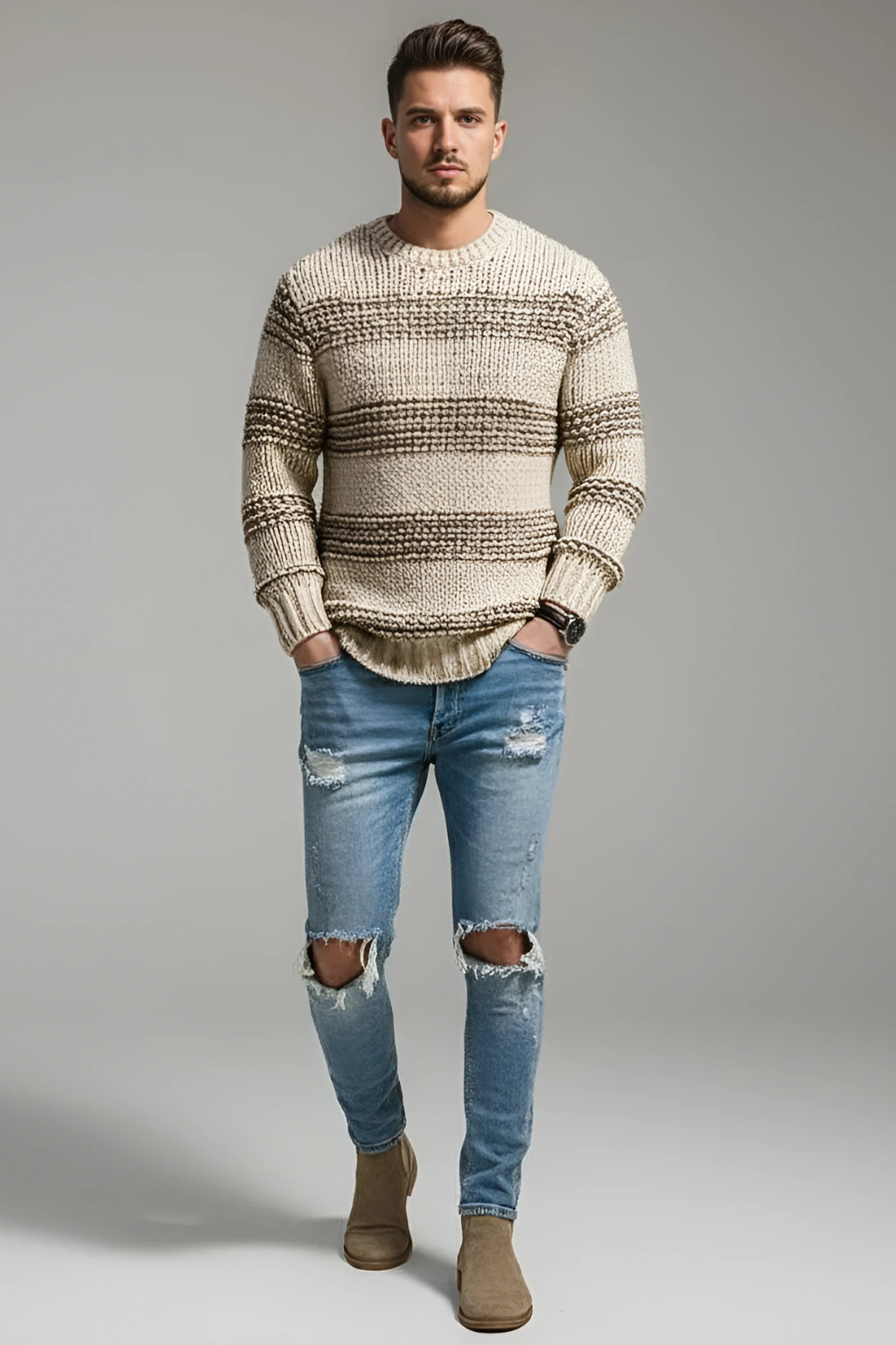 Men’s Wool Knit Sweater - Norwegian Pattern Relaxed Fit Pullover