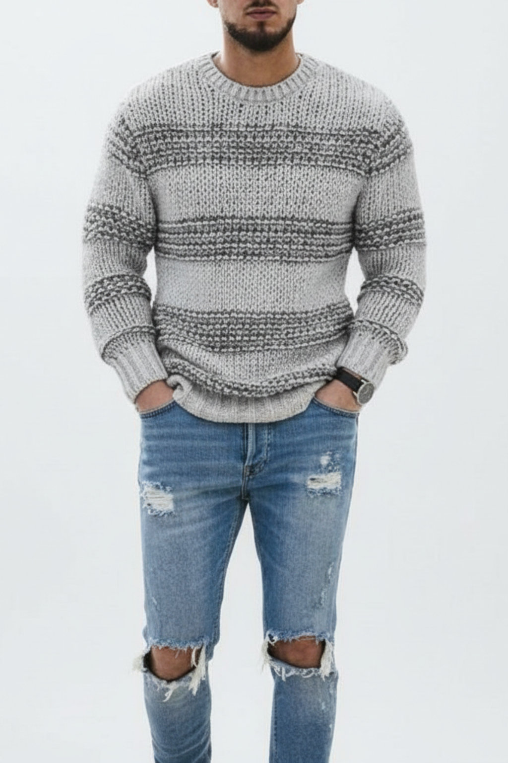 Men’s Wool Knit Sweater - Norwegian Pattern Relaxed Fit Pullover