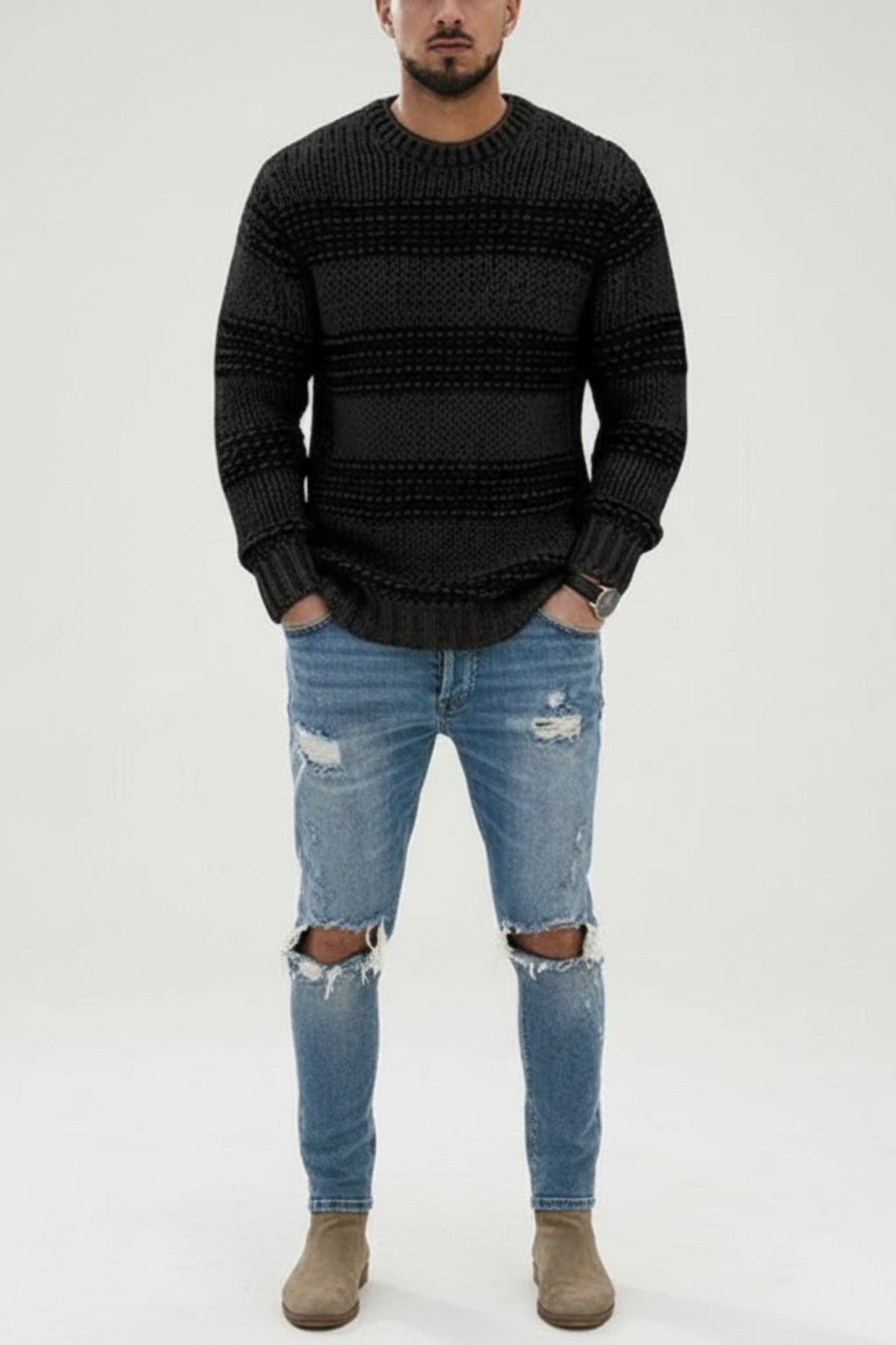 Men’s Wool Knit Sweater - Norwegian Pattern Relaxed Fit Pullover