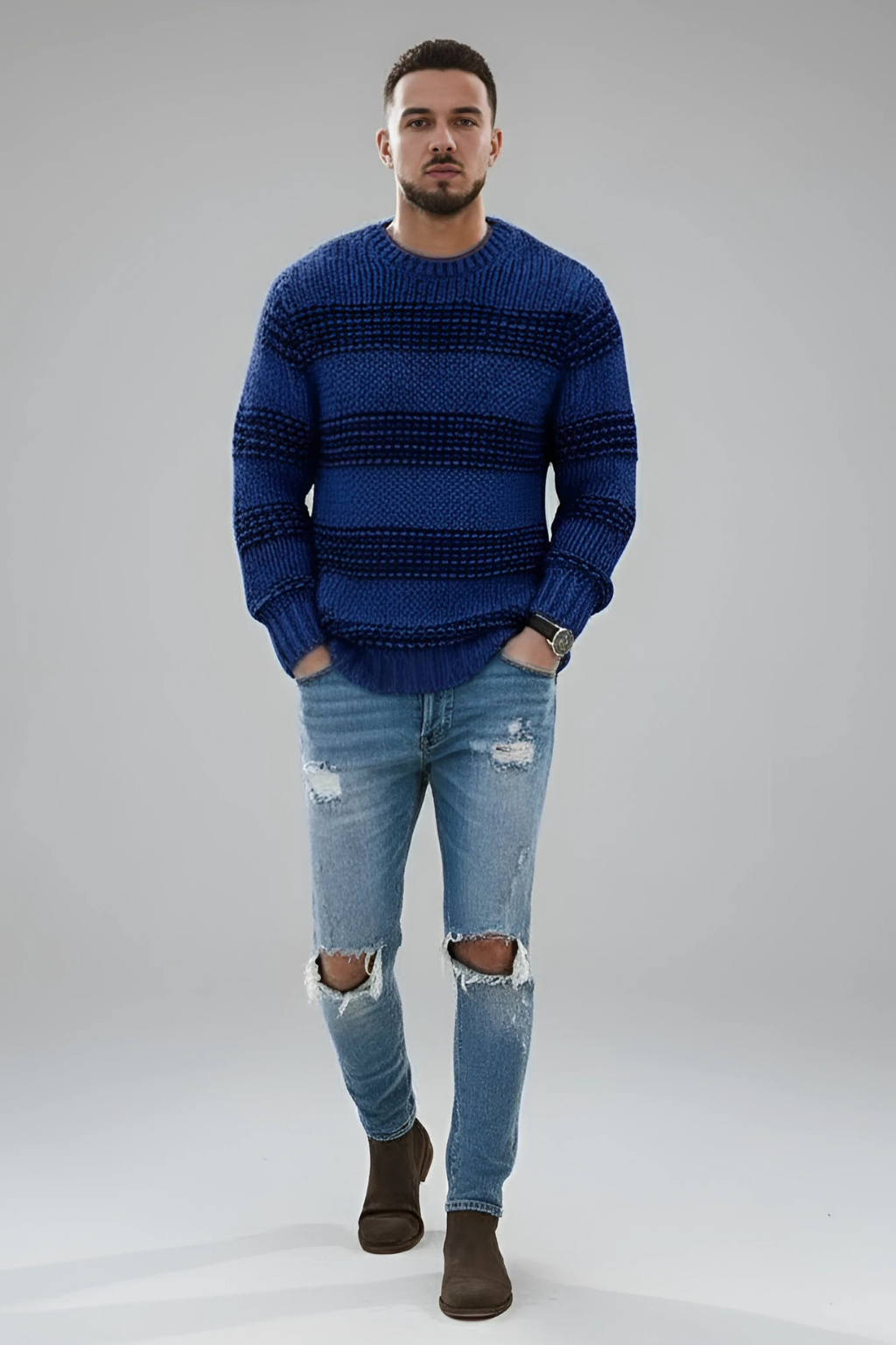 Men’s Wool Knit Sweater - Norwegian Pattern Relaxed Fit Pullover