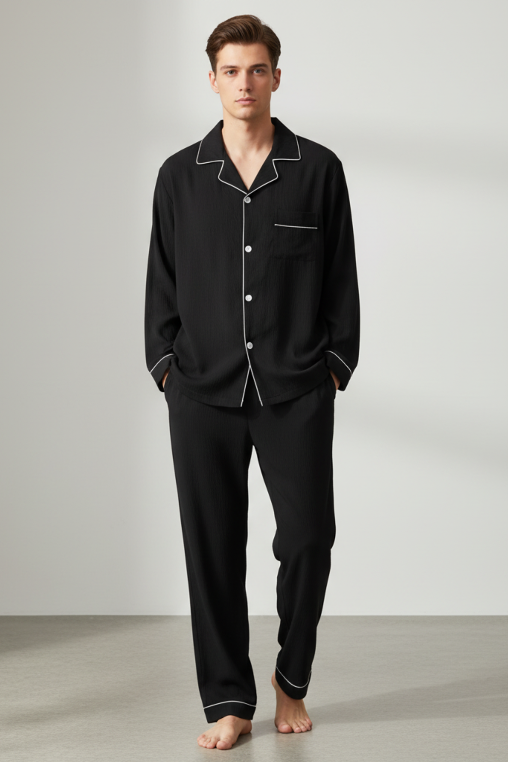 Men’s Long Sleeve Pajama Set - Autumn Solid Lapel Neck Loungewear