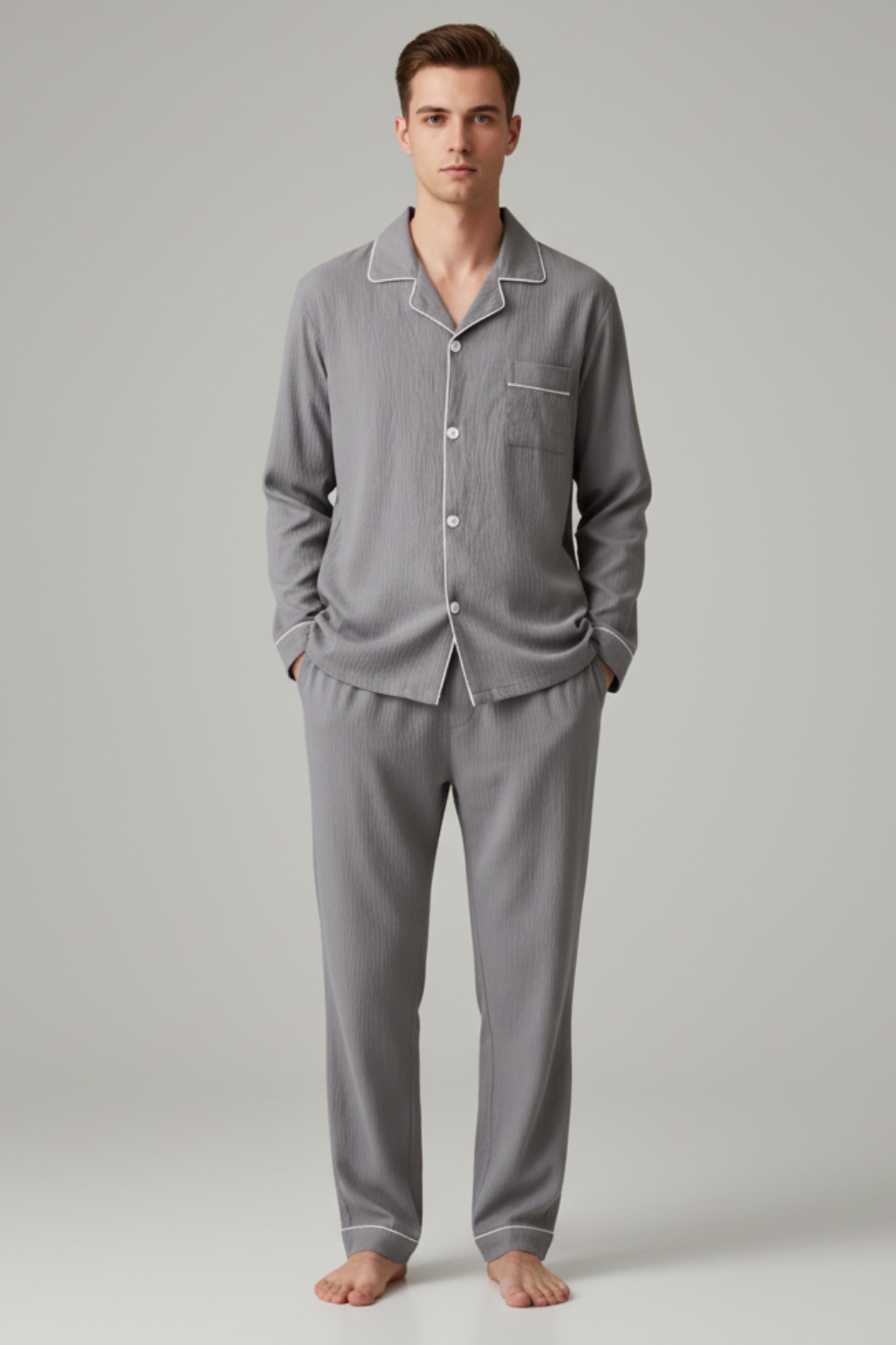 Men’s Long Sleeve Pajama Set - Autumn Solid Lapel Neck Loungewear