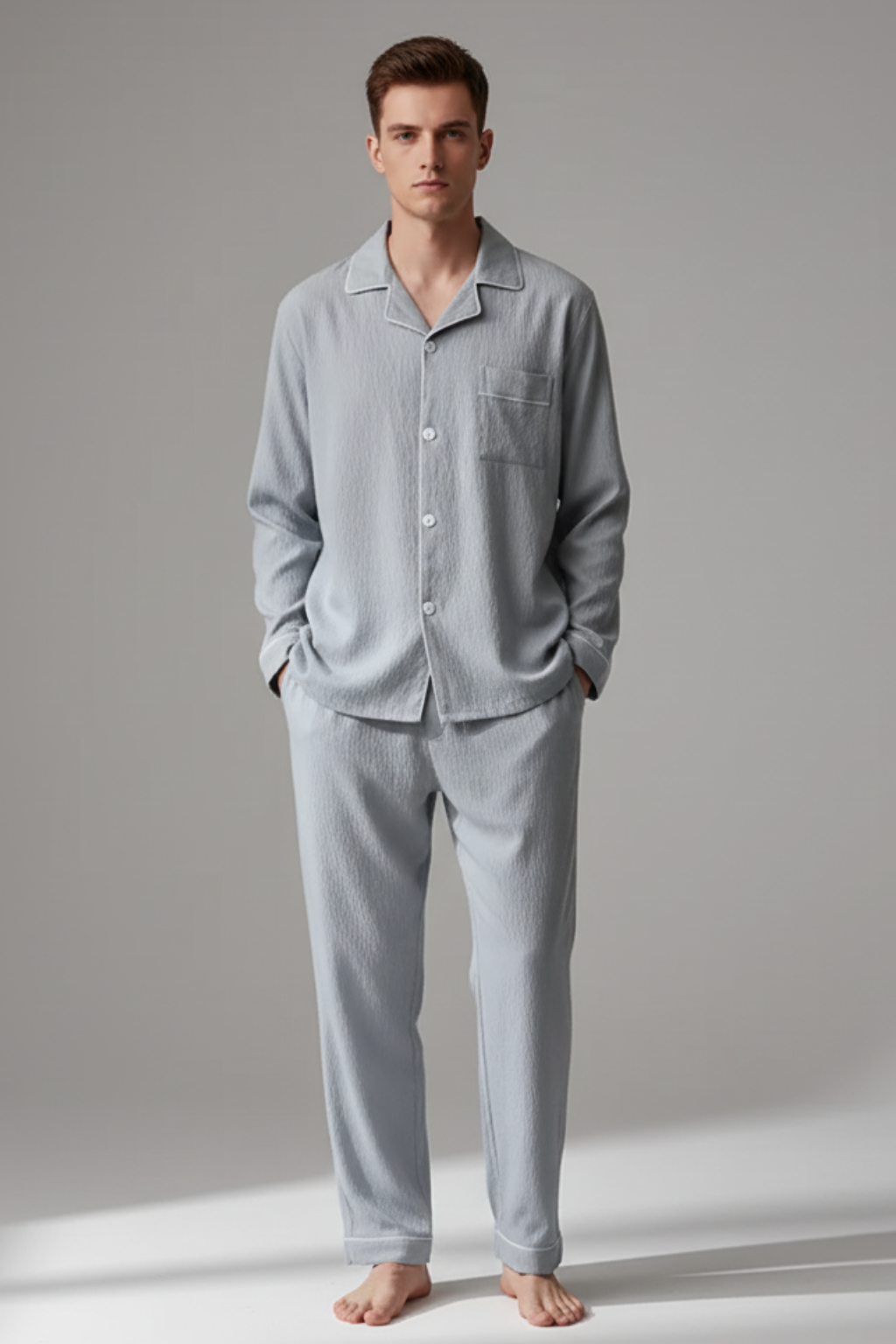 Men’s Long Sleeve Pajama Set - Autumn Solid Lapel Neck Loungewear