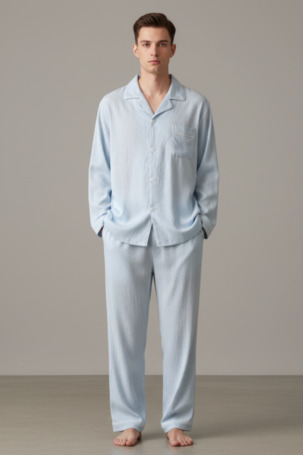 Men’s Long Sleeve Pajama Set - Autumn Solid Lapel Neck Loungewear