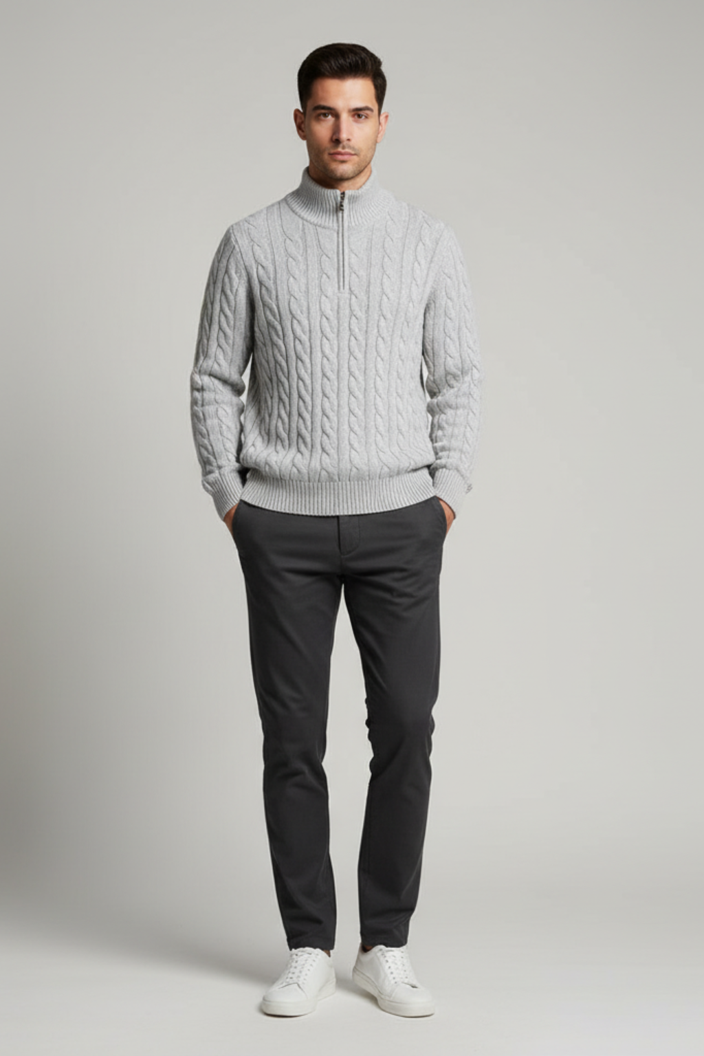 Men’s Regular Fit Cable Knit Sweater - Zip Collar in Cotton