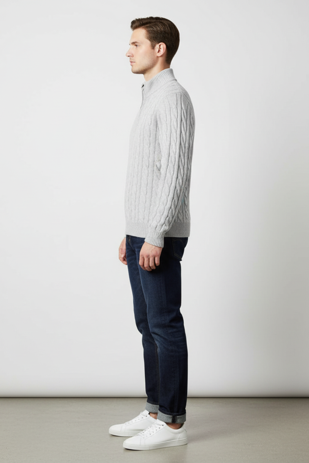 Men’s Regular Fit Cable Knit Sweater - Zip Collar in Cotton