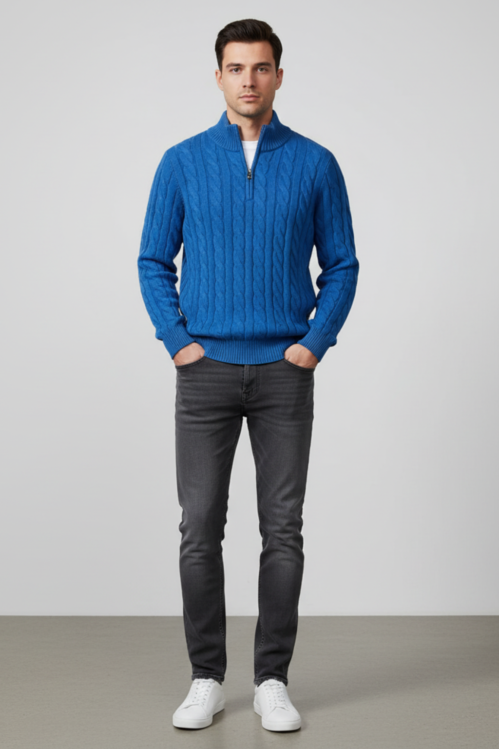 Men’s Regular Fit Cable Knit Sweater - Zip Collar in Cotton