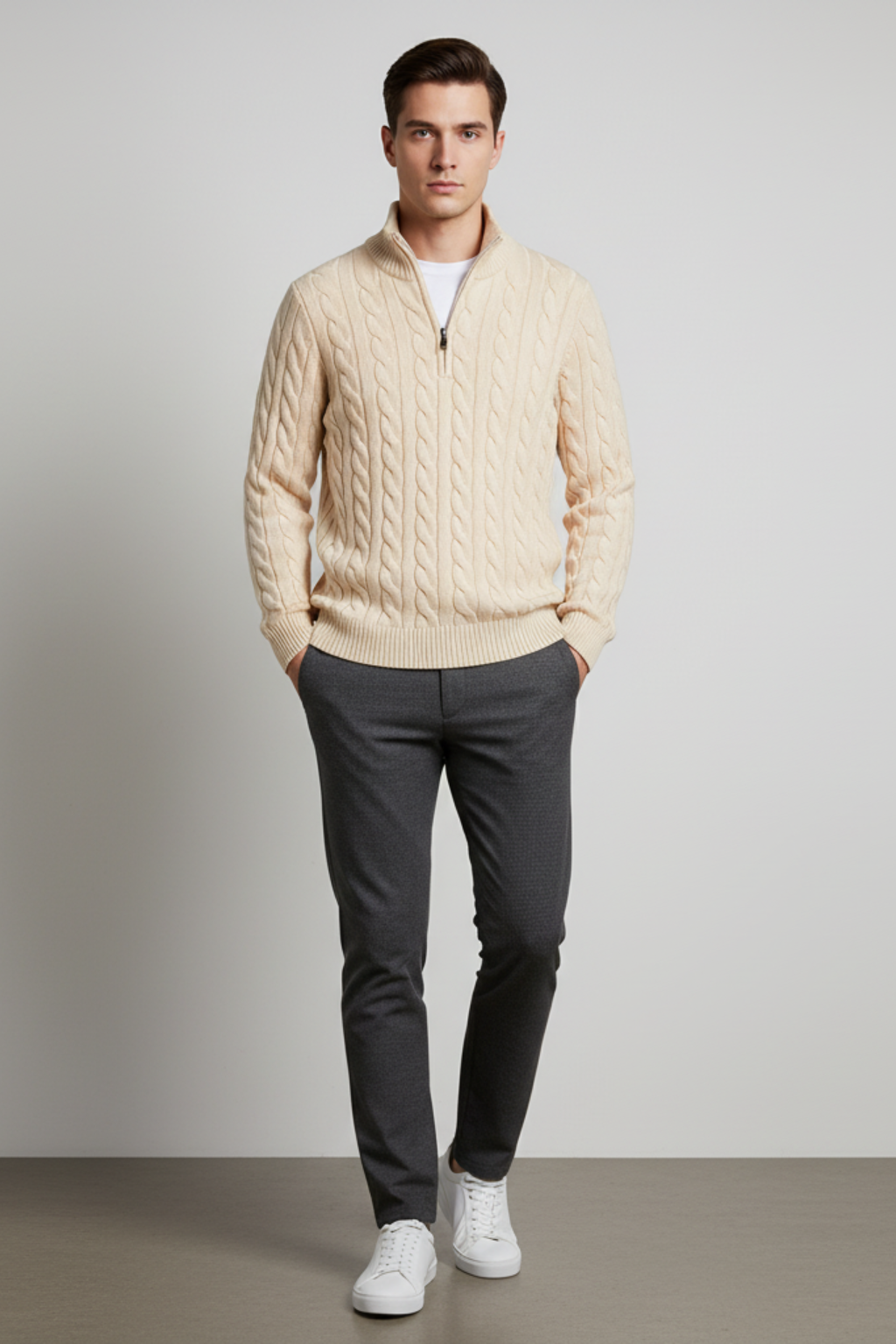 Men’s Regular Fit Cable Knit Sweater - Zip Collar in Cotton