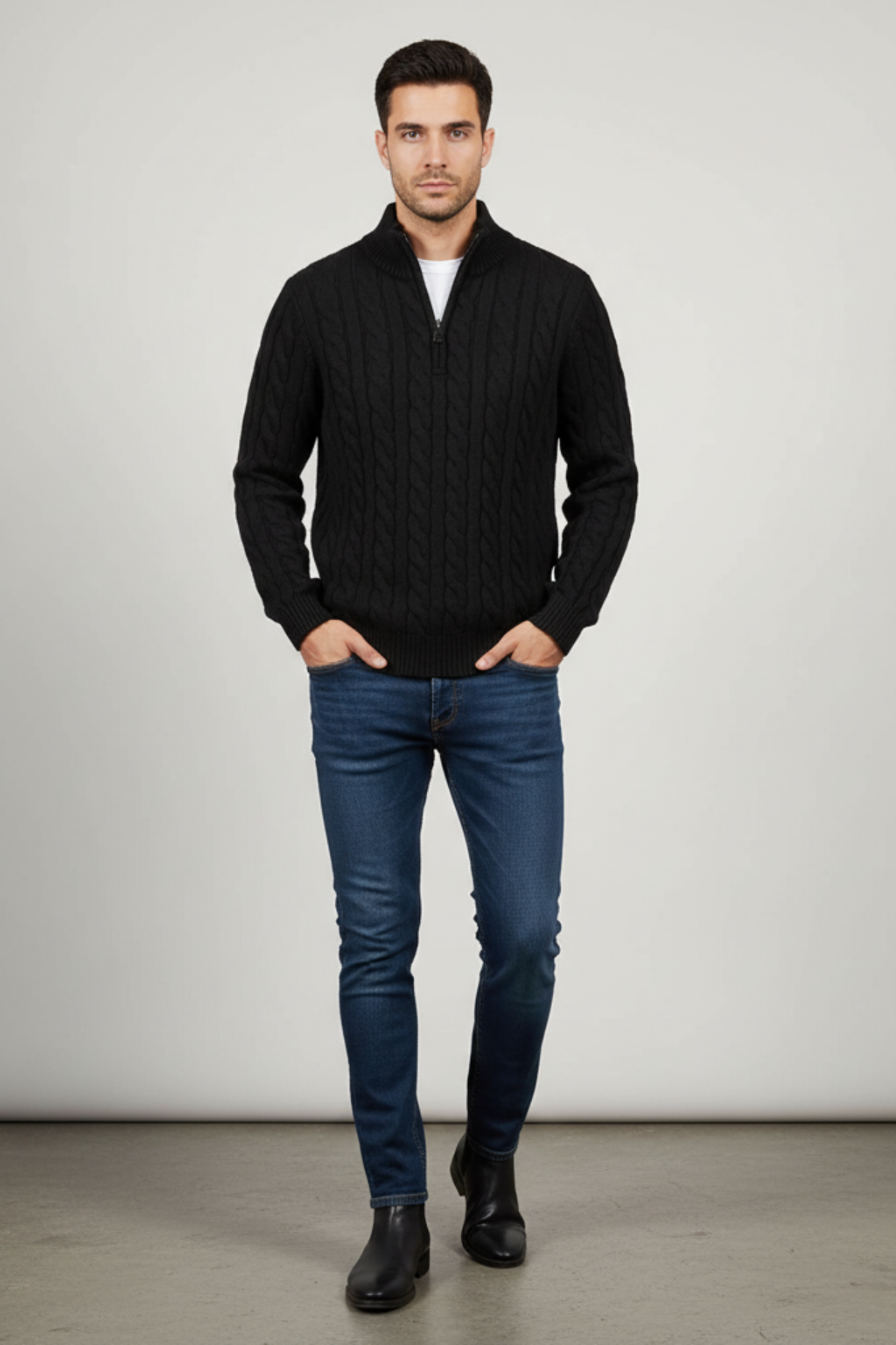 Men’s Regular Fit Cable Knit Sweater - Zip Collar in Cotton