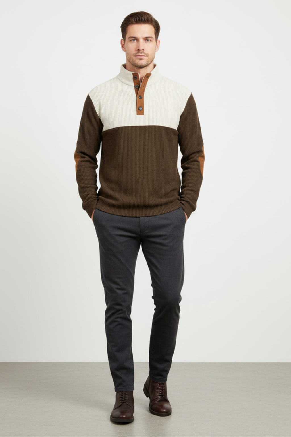 Men’s Ribbed Quarter-Button Pullover Sweater with Elbow Patches - Casual Elegance