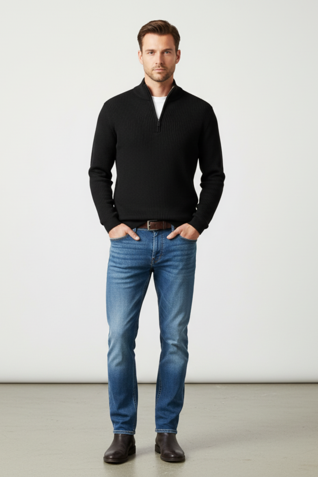 Men’s Zip Up Sweater - Knit Pullover with Ribbed Cuffs