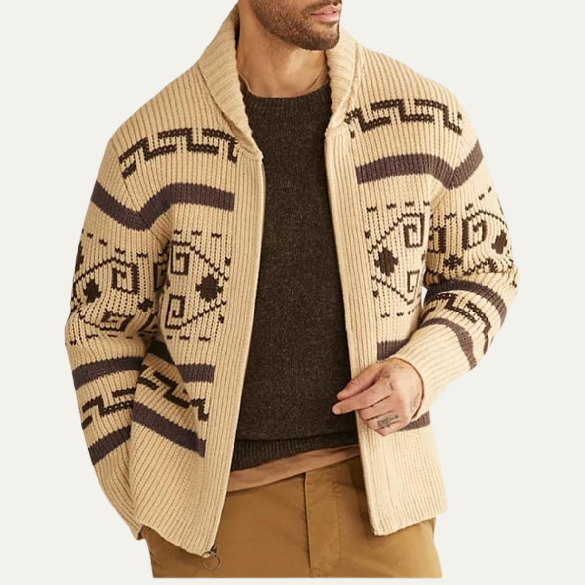 The Corvara Men’s Winter Shawl Collar Cardigan with Aztec Pattern