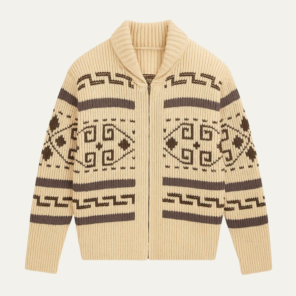 The Corvara Men’s Winter Shawl Collar Cardigan with Aztec Pattern