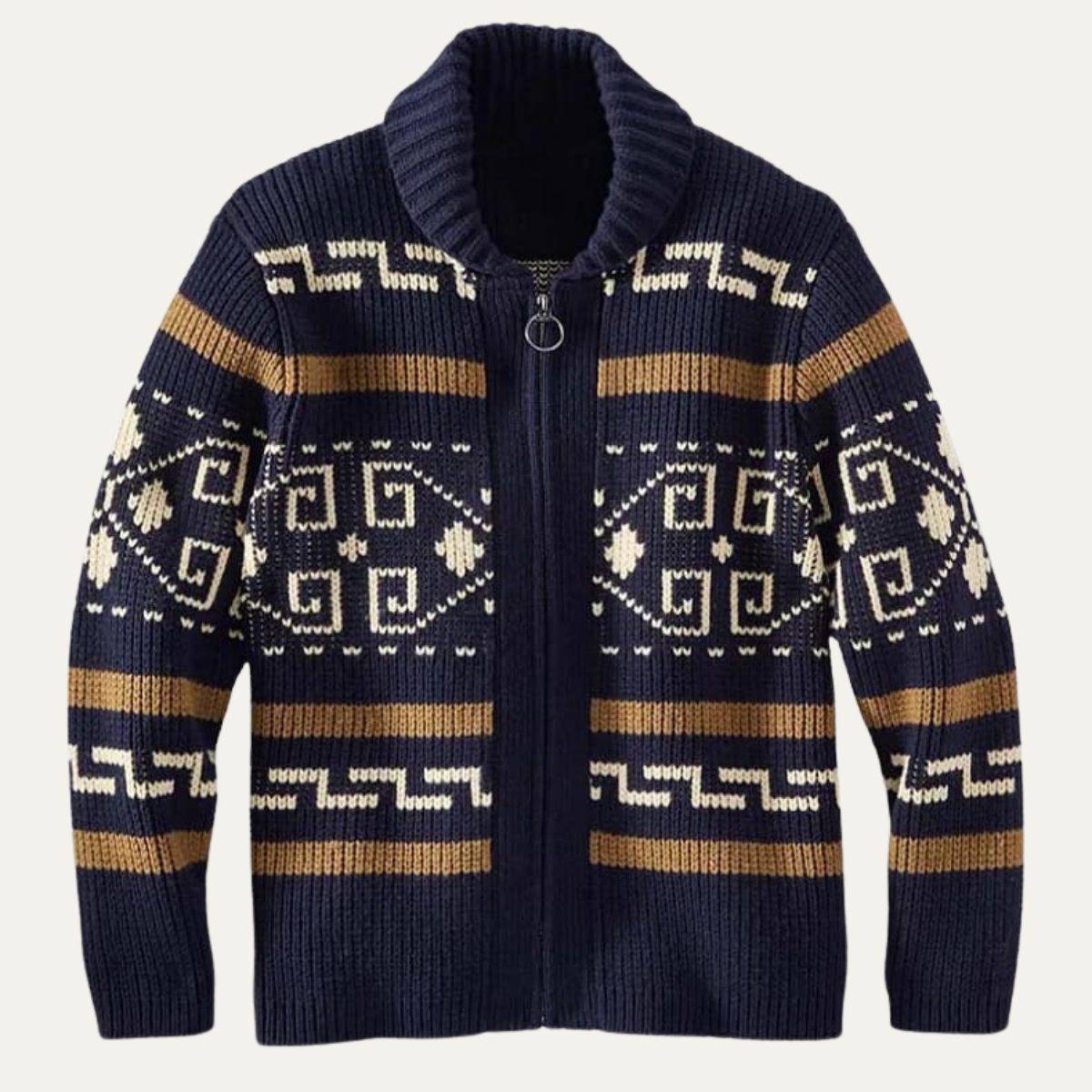 The Corvara Men’s Winter Shawl Collar Cardigan with Aztec Pattern