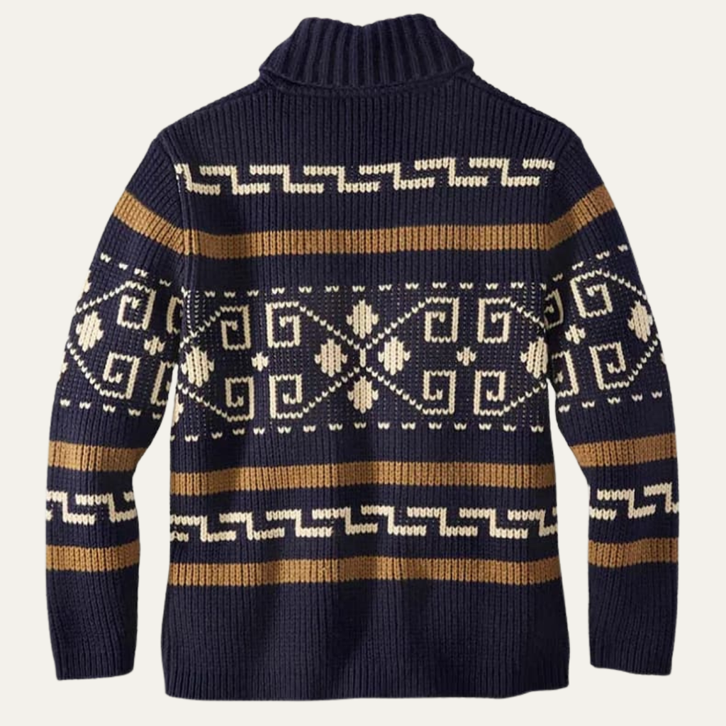The Corvara Men’s Winter Shawl Collar Cardigan with Aztec Pattern