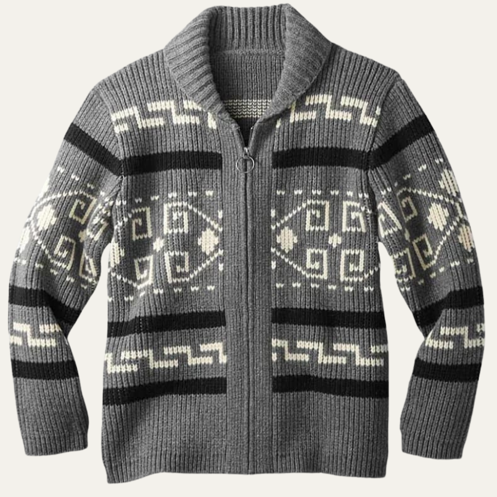 The Corvara Men’s Winter Shawl Collar Cardigan with Aztec Pattern