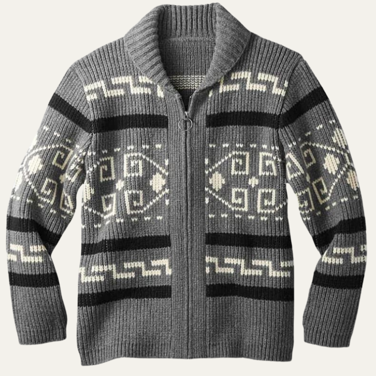 The Corvara Men’s Winter Shawl Collar Cardigan with Aztec Pattern