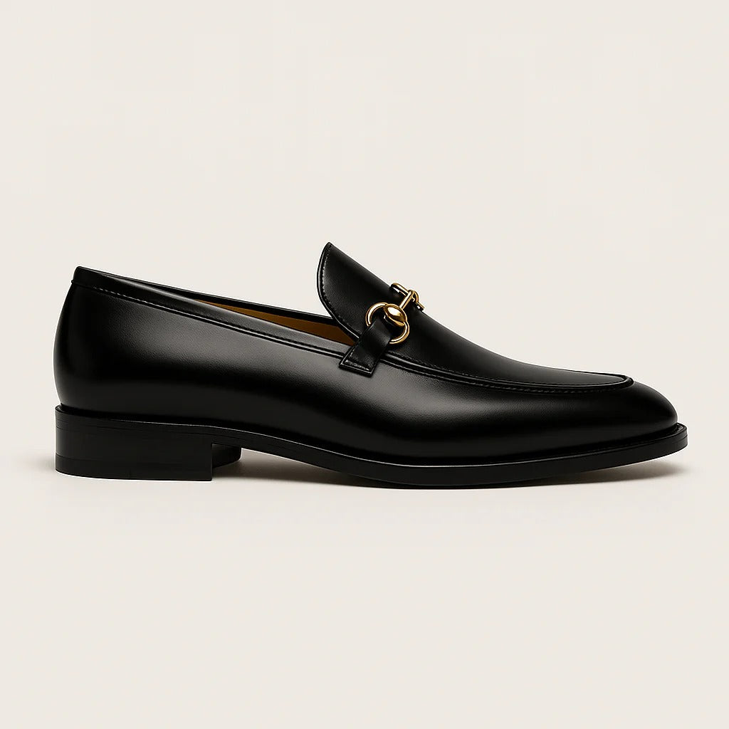 The Caernarfon Men's Black Leather Horsebit Foral Loafers