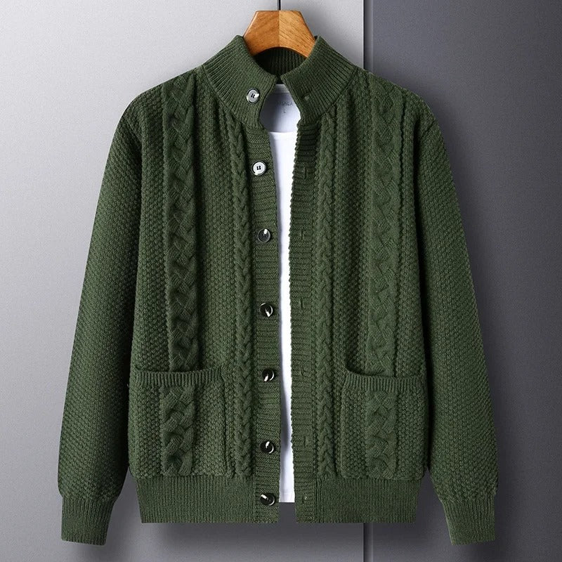 Men’s Cable Knit Winter Cardigan Merino Wool Shawl Collar