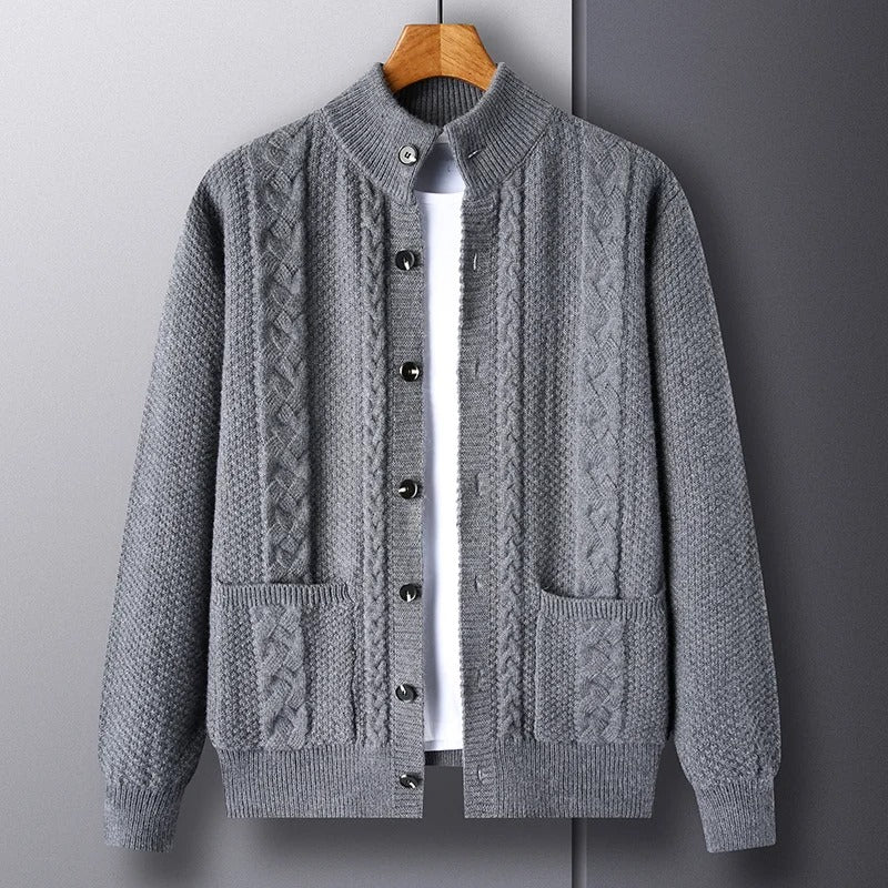 Men’s Cable Knit Winter Cardigan Merino Wool Shawl Collar