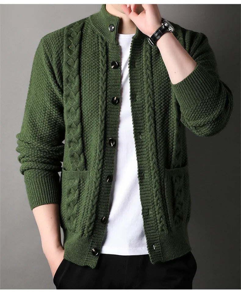 Men’s Cable Knit Winter Cardigan Merino Wool Shawl Collar