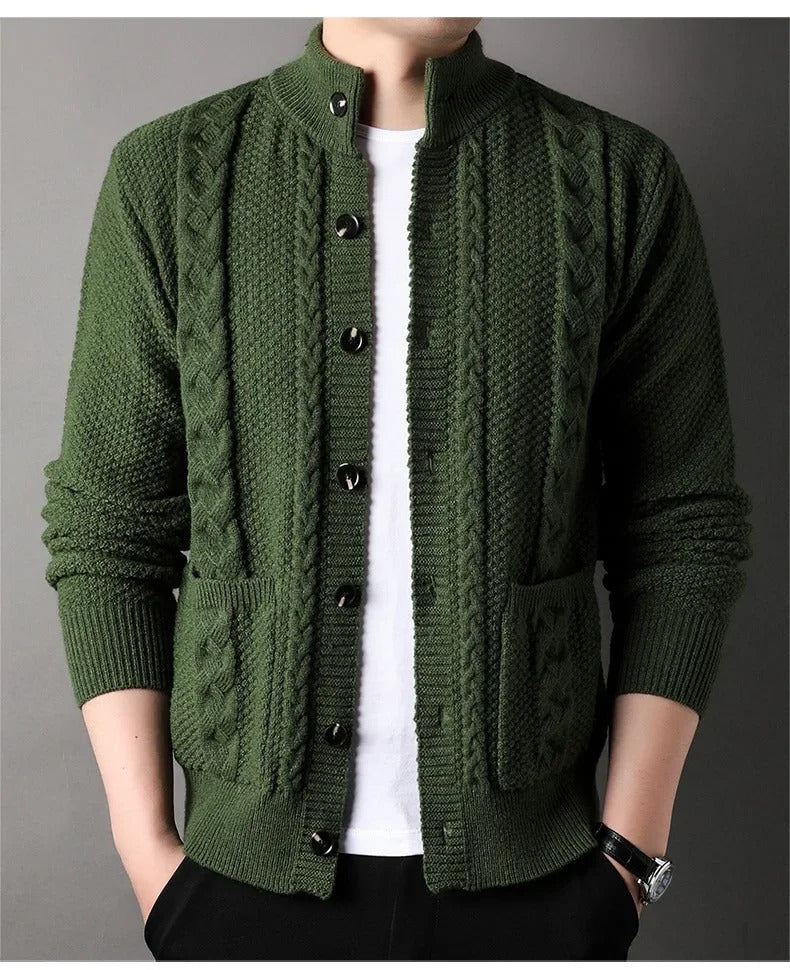 Men’s Cable Knit Winter Cardigan Merino Wool Shawl Collar