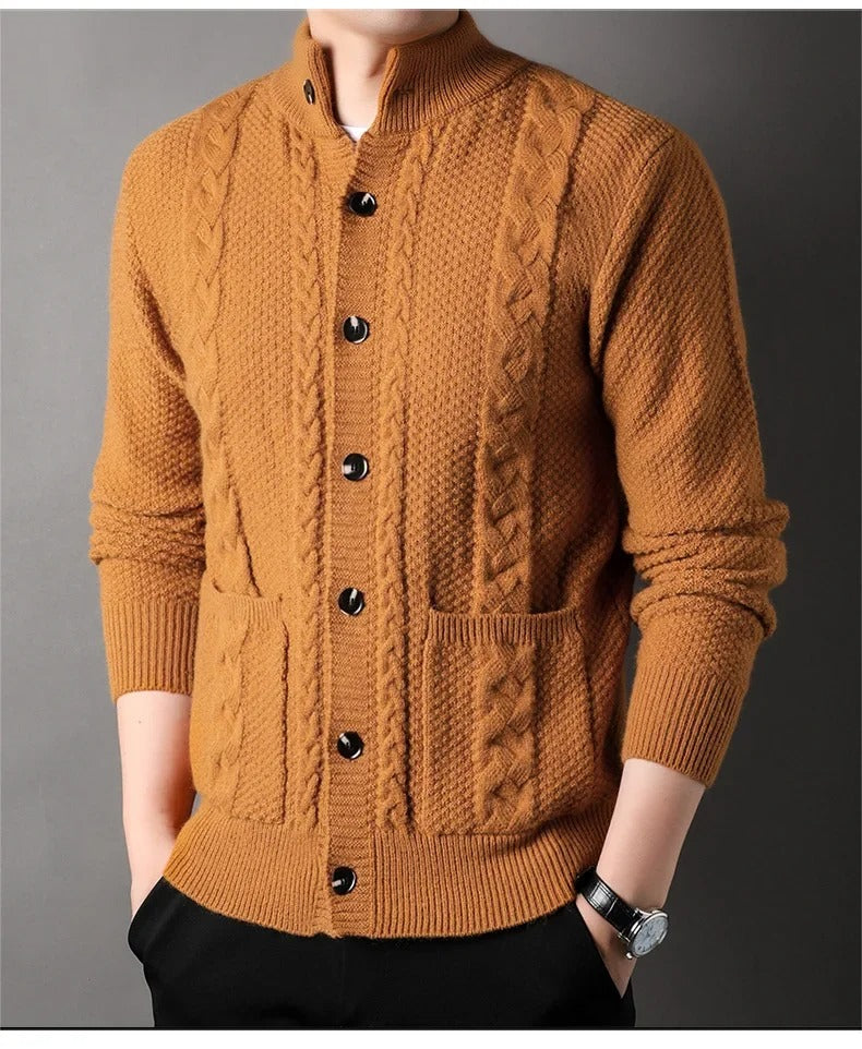 Men’s Cable Knit Winter Cardigan Merino Wool Shawl Collar
