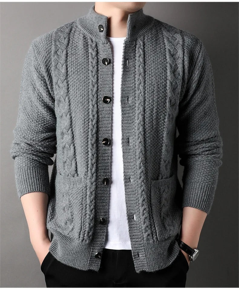 Men’s Cable Knit Winter Cardigan Merino Wool Shawl Collar