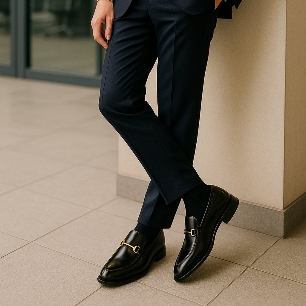 The Caernarfon Men's Black Leather Horsebit Foral Loafers