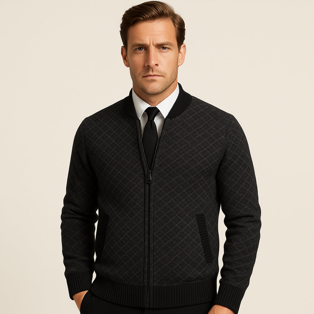 The Bibbona Knitted Diamond Pattern Zip Up Men’s Cardigan