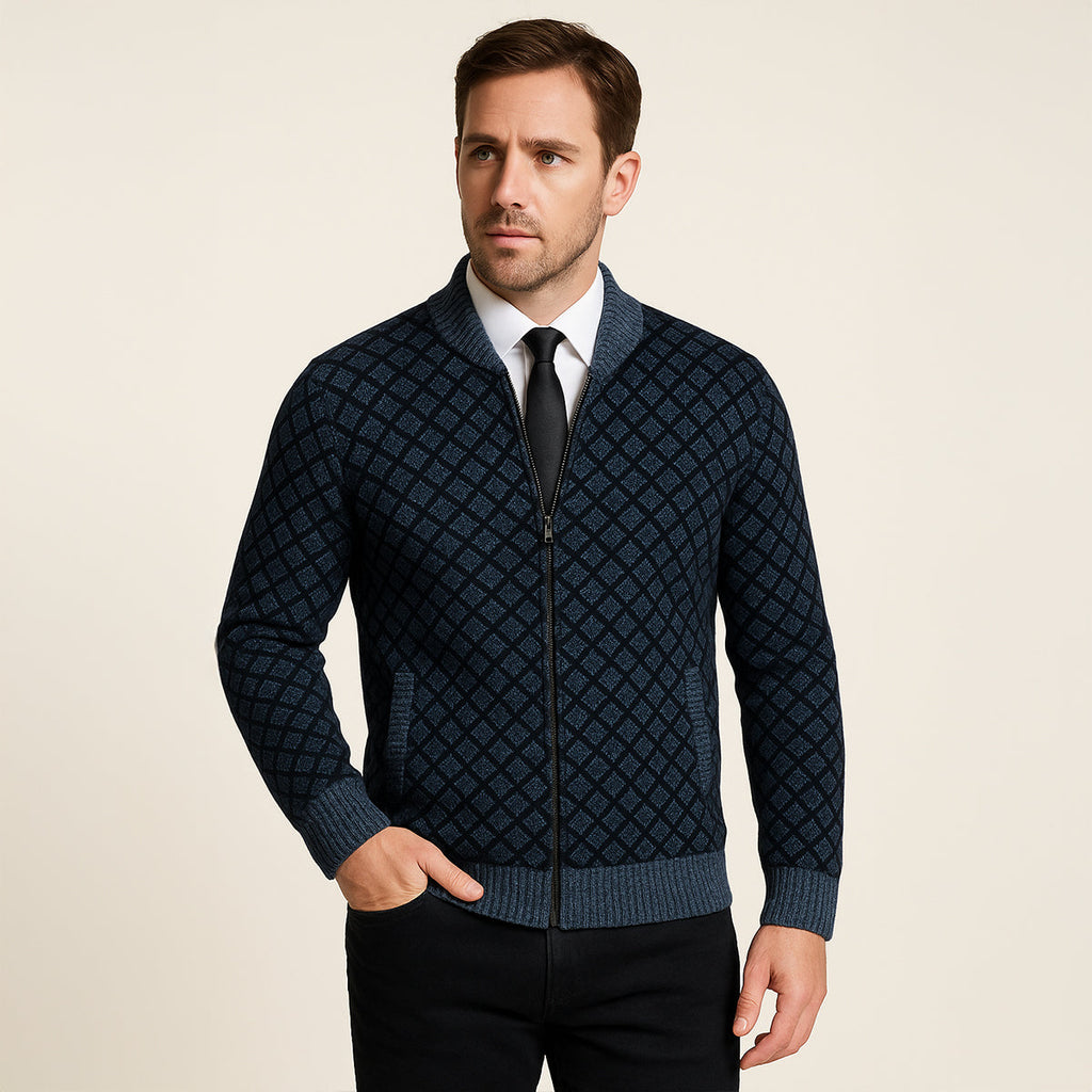 The Bibbona Knitted Diamond Pattern Zip Up Men’s Cardigan