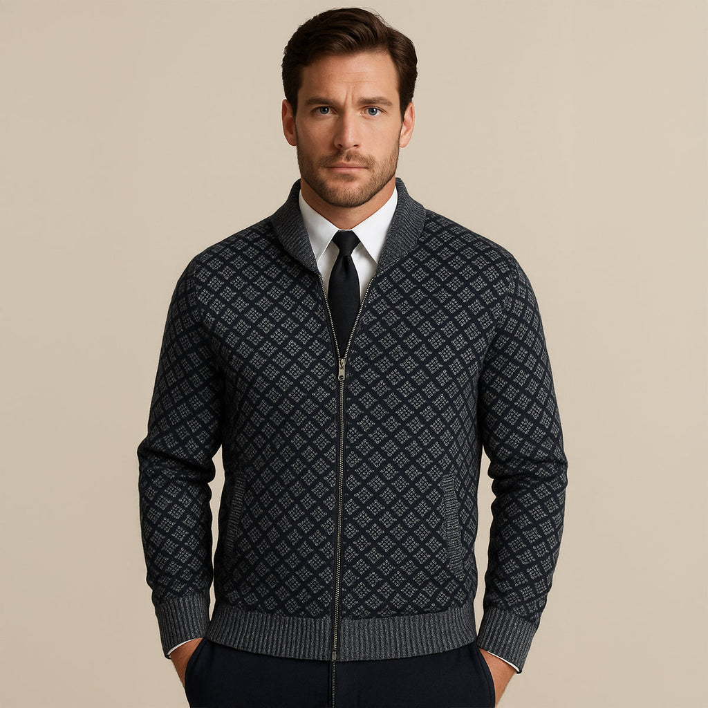 The Bibbona Knitted Diamond Pattern Zip Up Men’s Cardigan