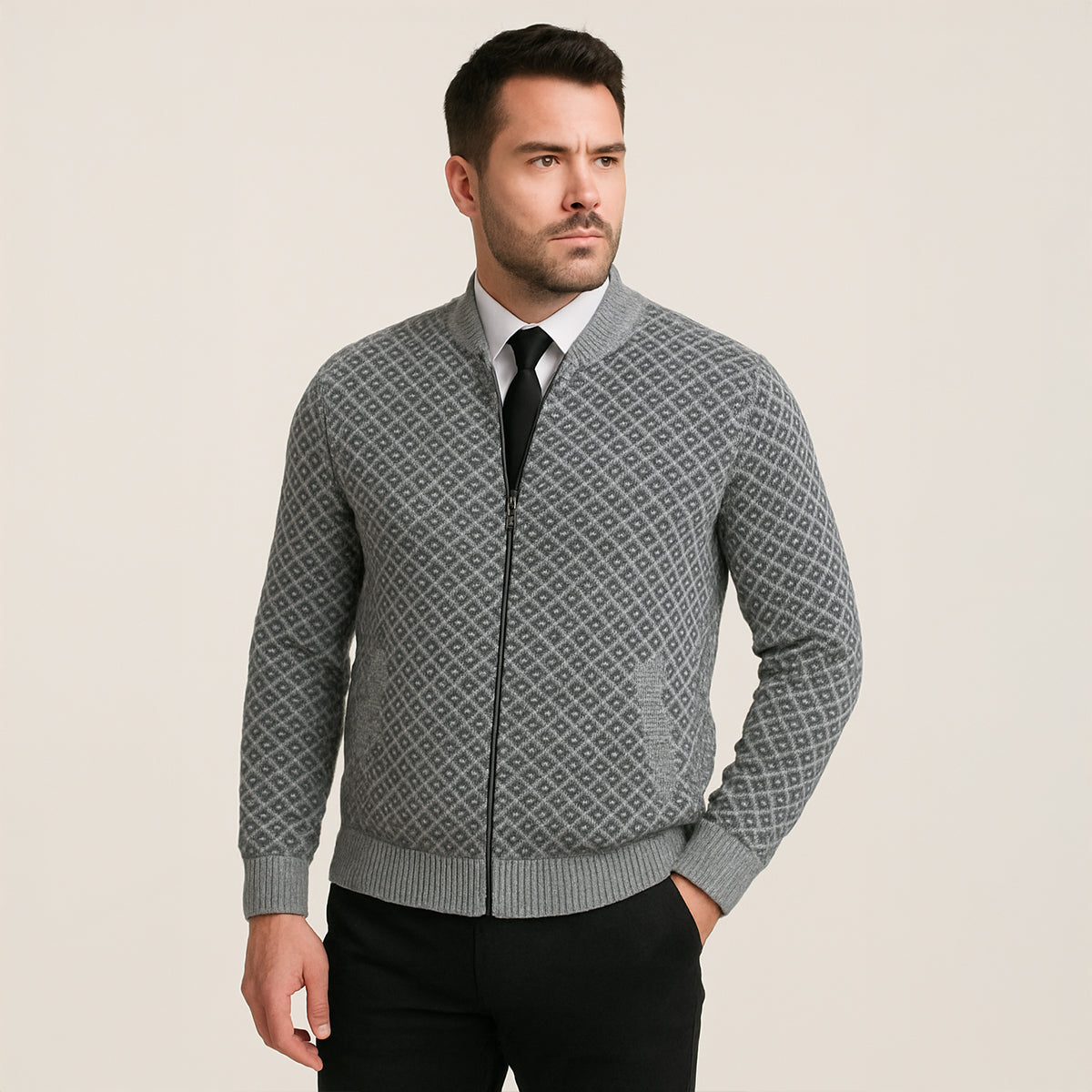 The Bibbona Knitted Diamond Pattern Zip Up Men’s Cardigan