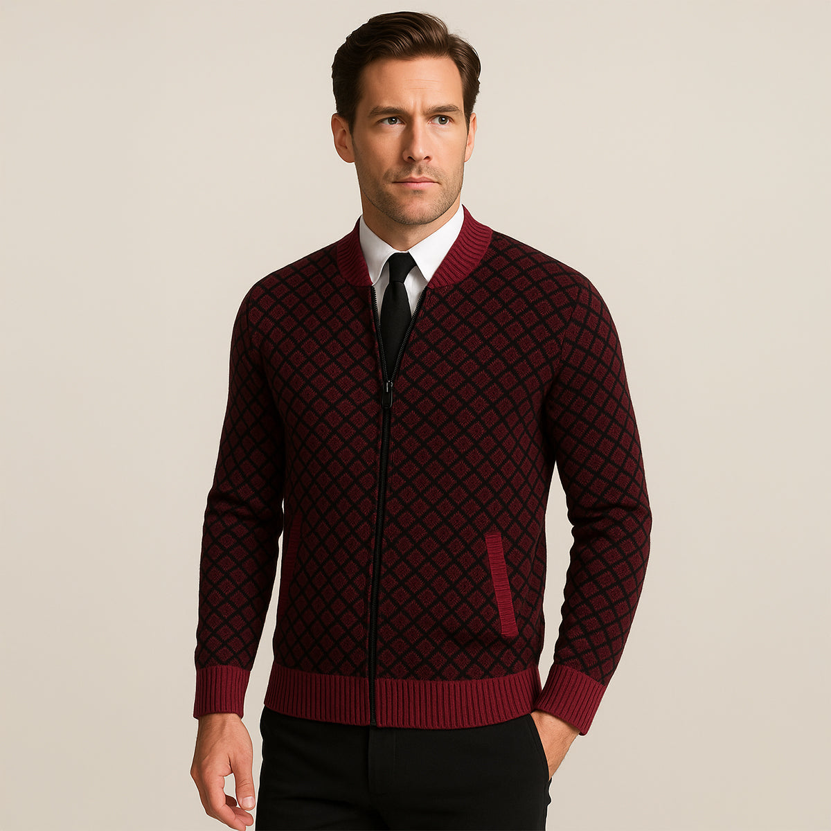 The Bibbona Knitted Diamond Pattern Zip Up Men’s Cardigan